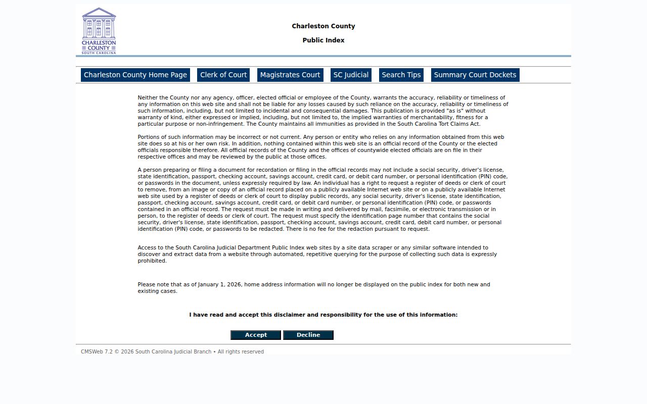 Charleston County warrant record context in the Public Index