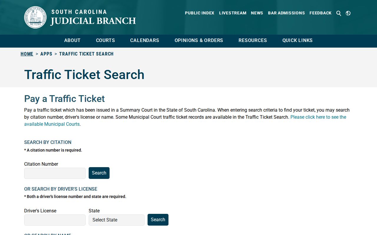 Charleston County traffic warrant and citation search through the South Carolina Judicial Branch