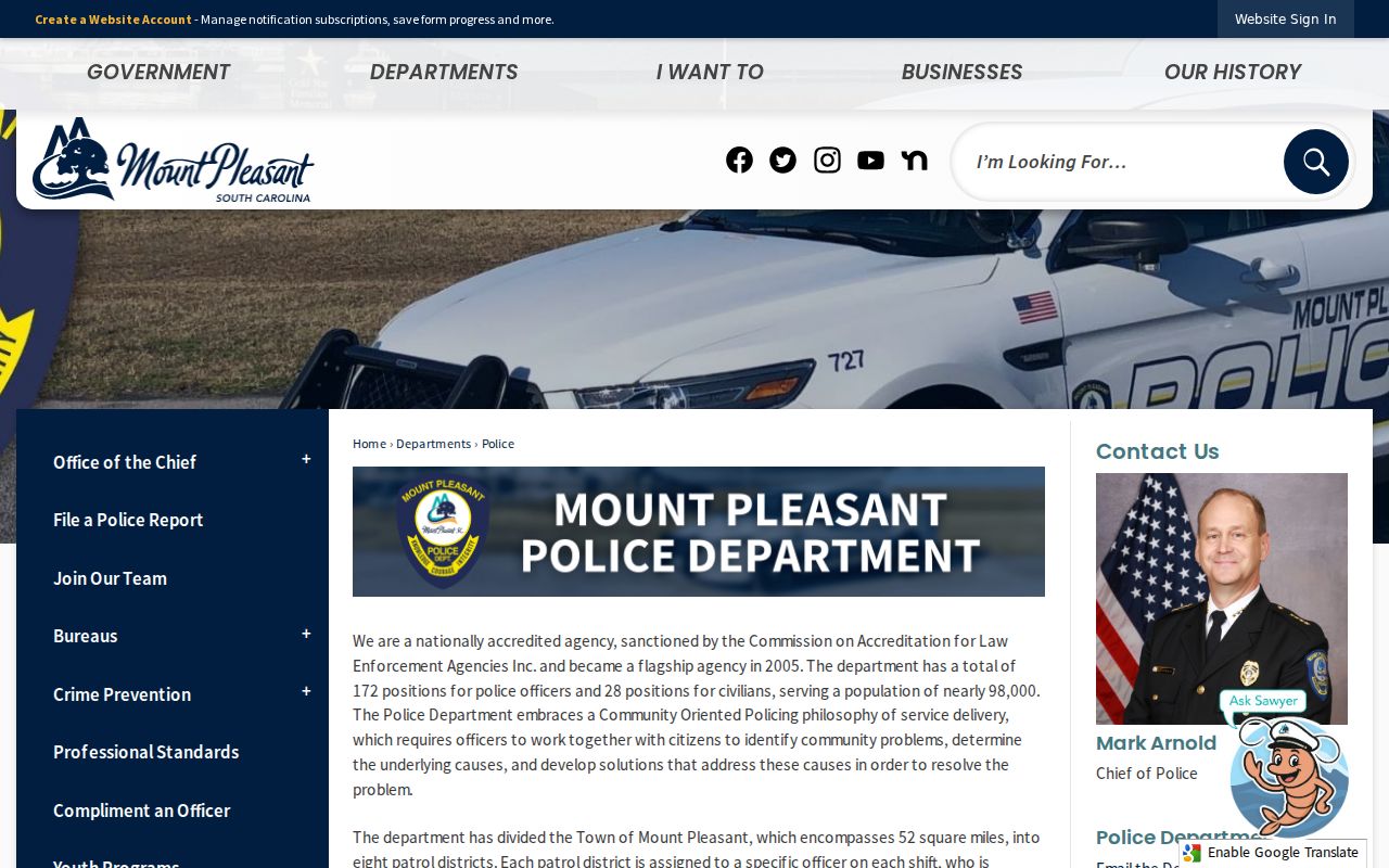 Mount Pleasant warrant records contact route through the Police Department