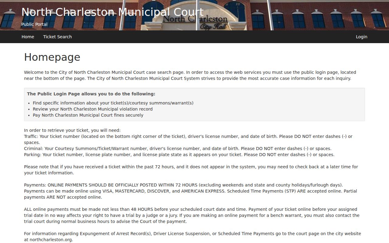 Charleston County municipal warrant search route through North Charleston eCourt