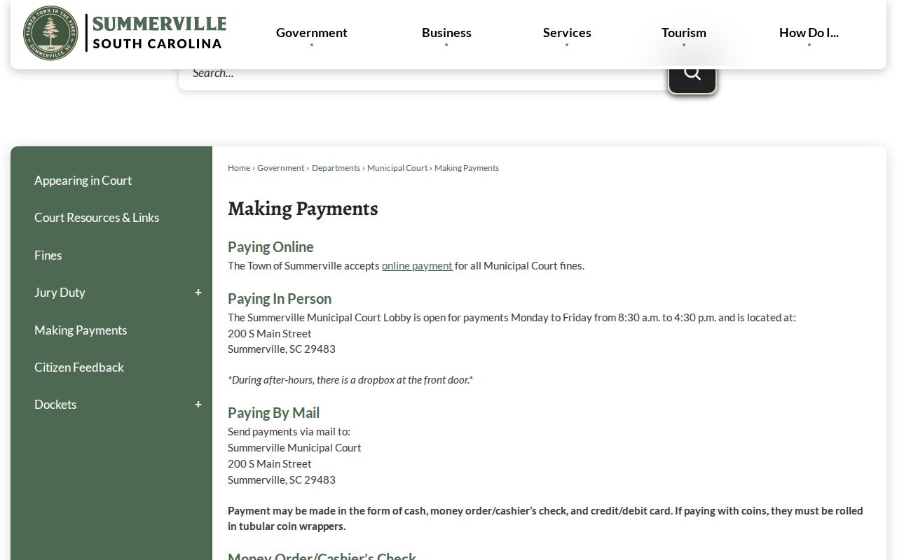 Summerville warrant and ticket payment instructions for Municipal Court