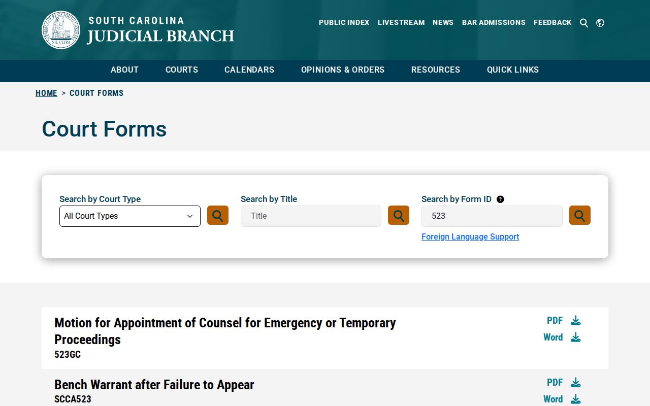 Charleston County bench warrant form resource from the South Carolina Judicial Branch