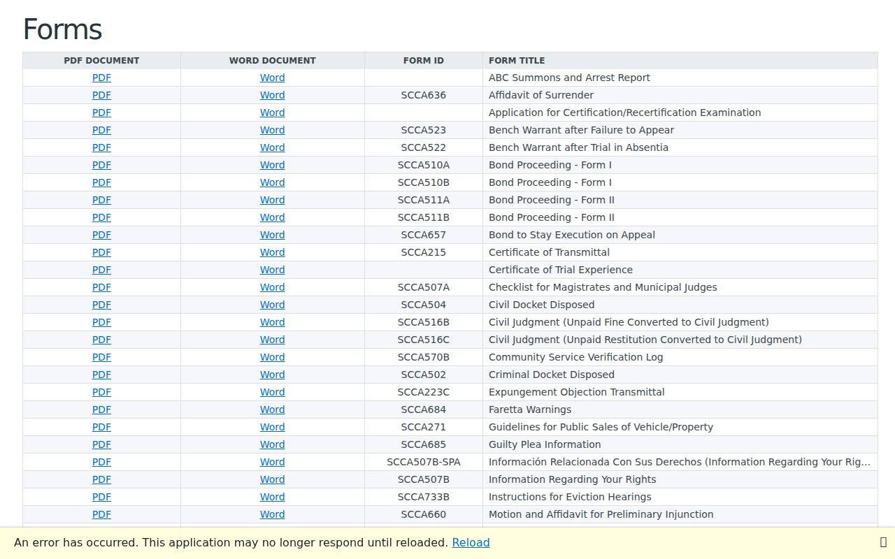 Charleston County bench warrant forms in the South Carolina Judicial Branch index