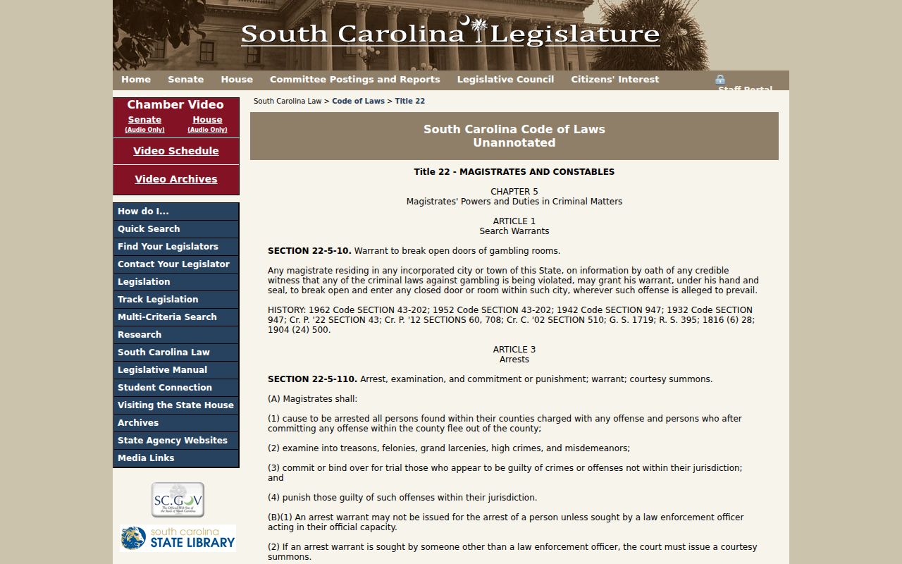 Charleston County arrest warrant access under South Carolina Summary Court law
