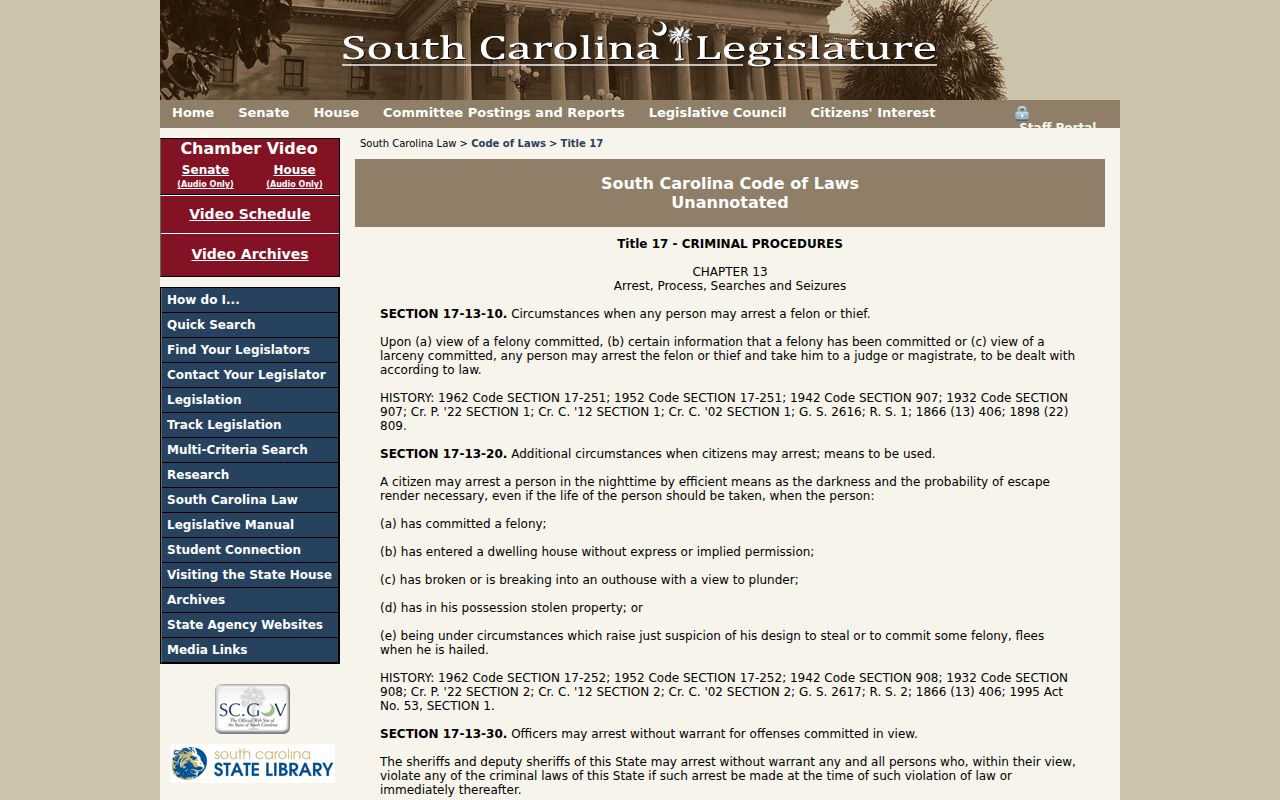 South Carolina arrest and search warrant statutory chapter