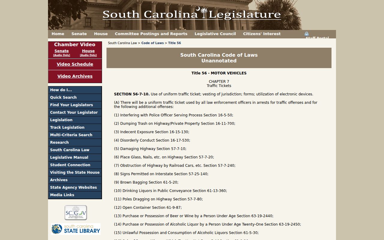South Carolina traffic and ordinance-summons statutes