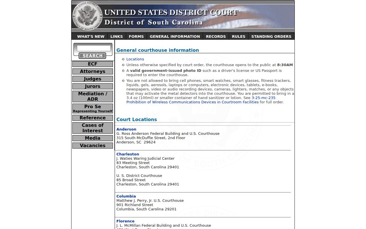 South Carolina federal courthouse locations from the U.S. District Court