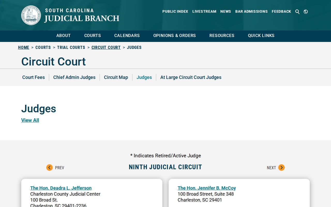Ninth Judicial Circuit judges and Charleston County court contact directory