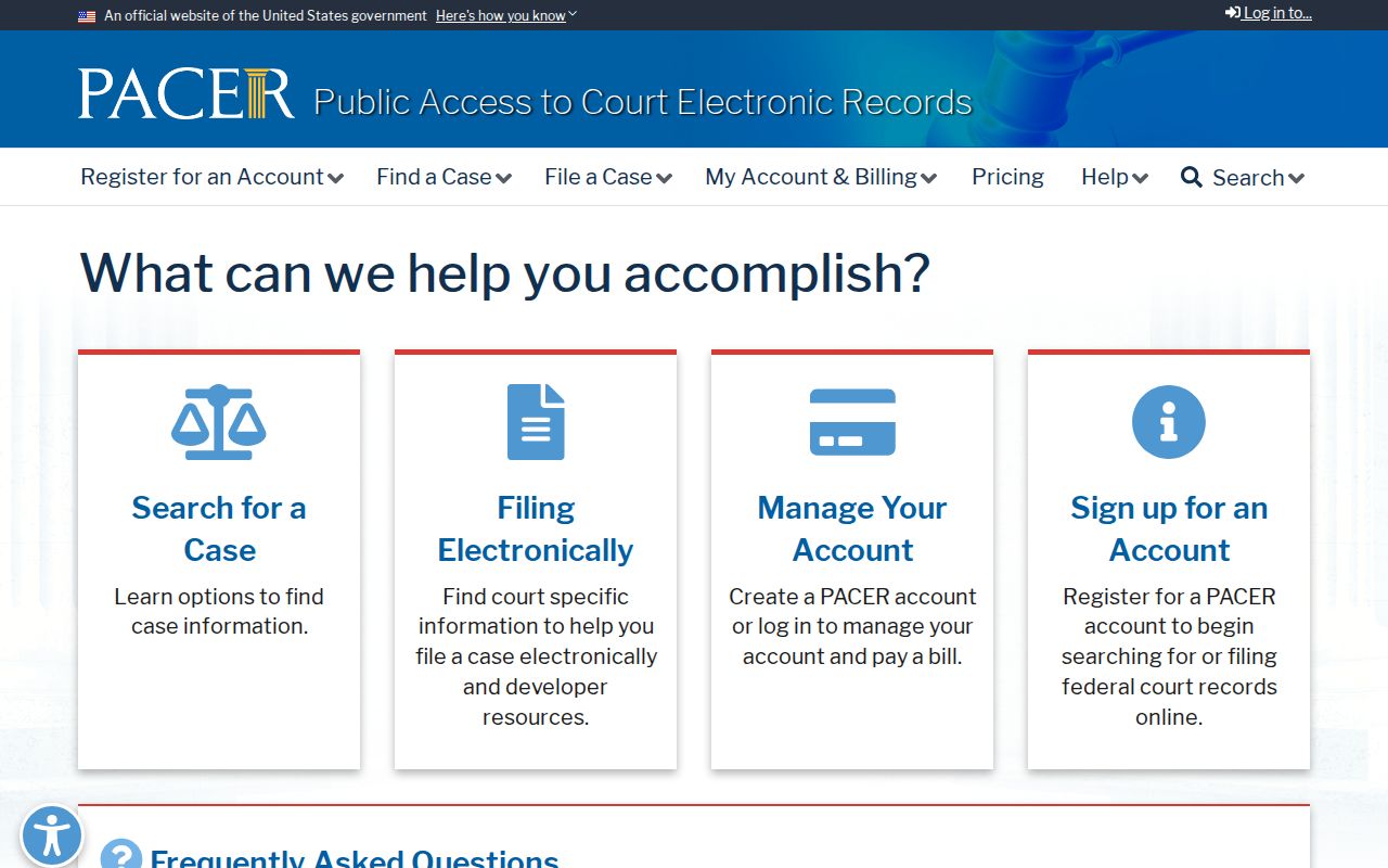 PACER federal case-record portal landing page
