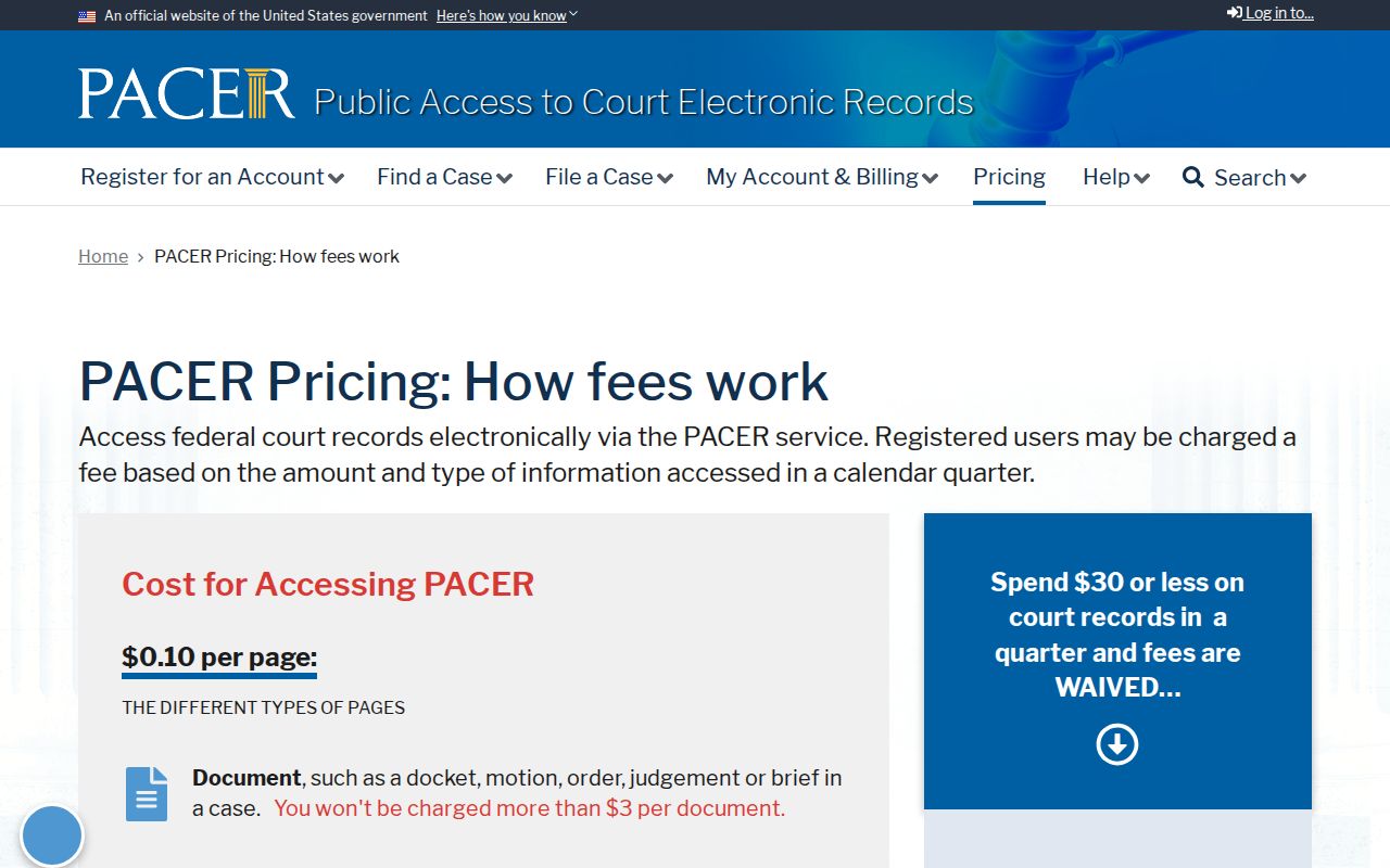 PACER guide describing fees for federal docket access